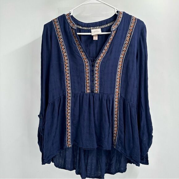 Knox Rose  Navy Blue Peasant Top With Embroidery Trim - Picture 1 of 8